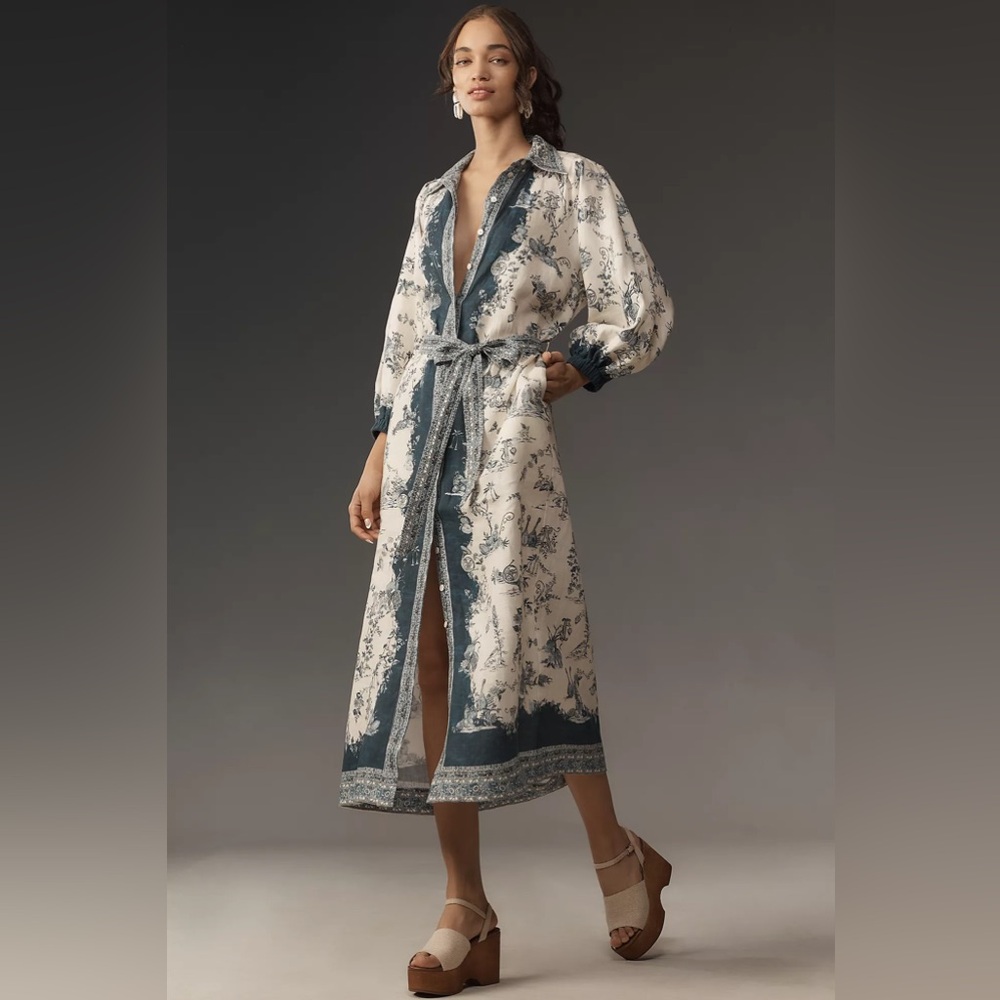 ALEMAIS Casa long sleeve linen Cream and Blue Midi Dress